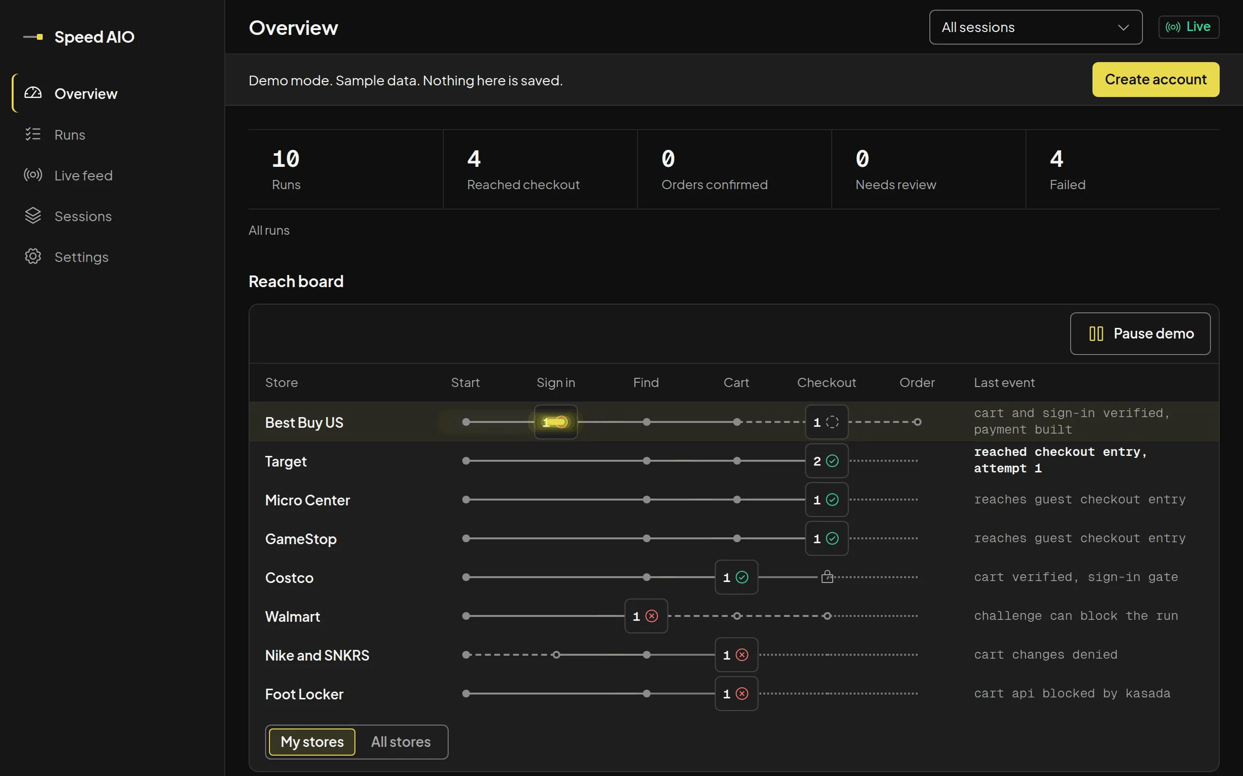 Speed AIO dashboard overview showing the reach board and the latest runs, on sample data