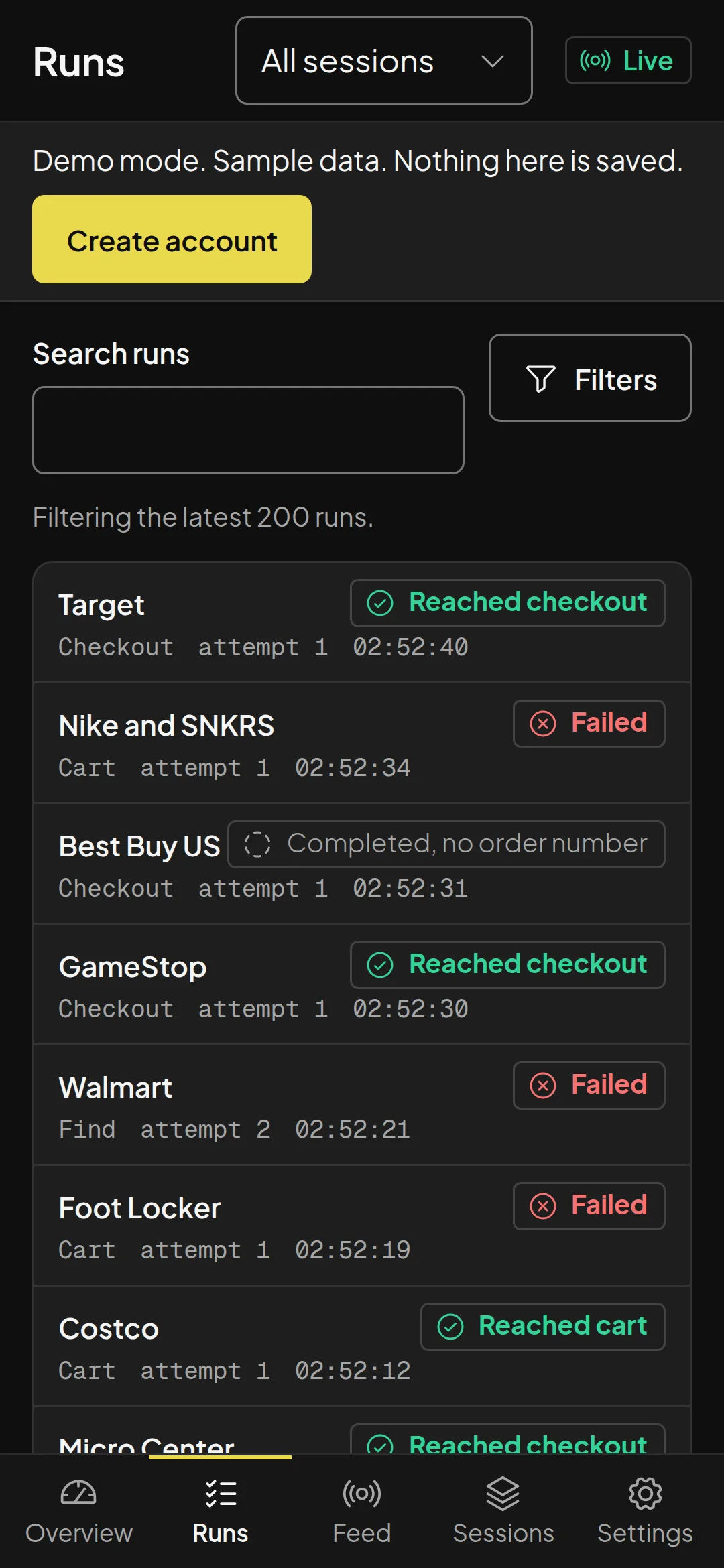 Speed AIO run history at phone width, on sample data